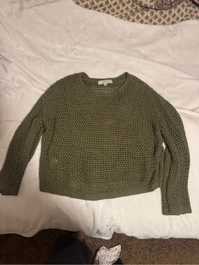 LOFT Olive Open-Knit Crewneck Sweater